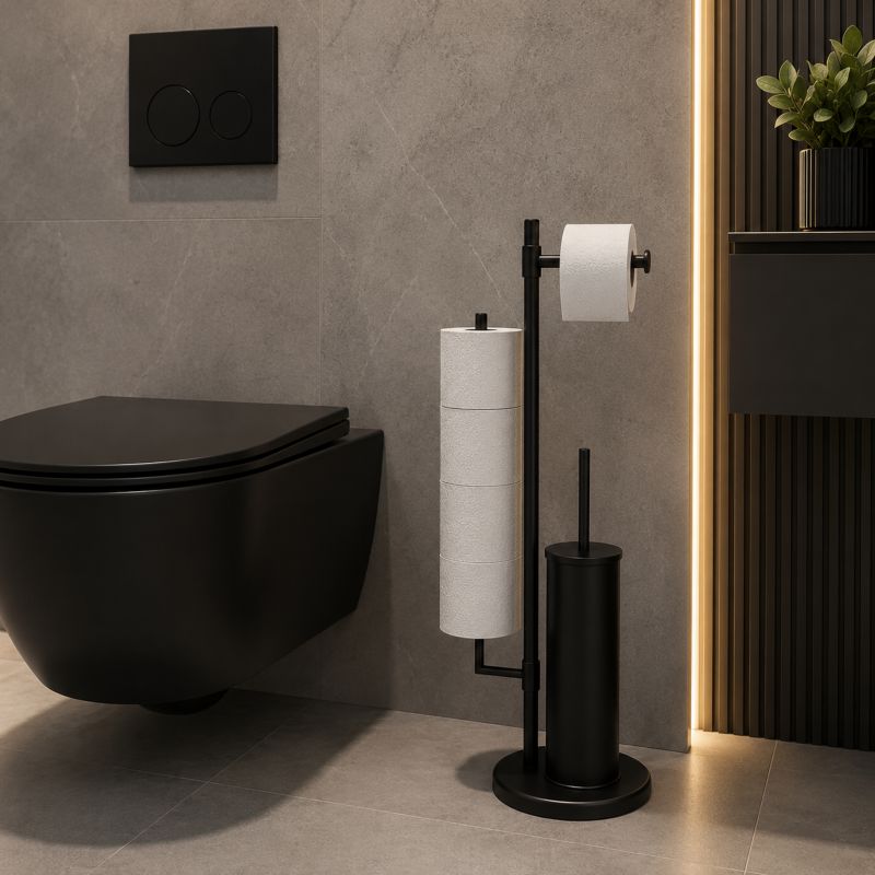Gulvstativ til toiletpapir og toiletbørste 3-i-1 sort mat 71 cm