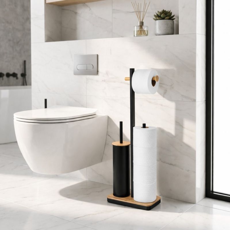 Toiletbørsteholder med Papirholder 3-i-1 Sort Bambus 24,5 x 14 x 67,5 cm