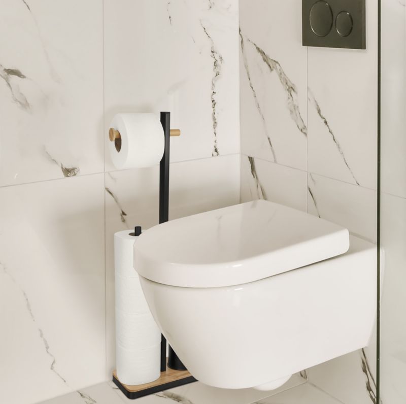 Toiletbørsteholder med Papirholder 3-i-1 Sort Bambus 24,5 x 14 x 67,5 cm