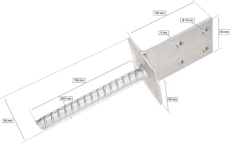 Stolpesko til Indstøbning 130x90 mm Galvaniseret Stål