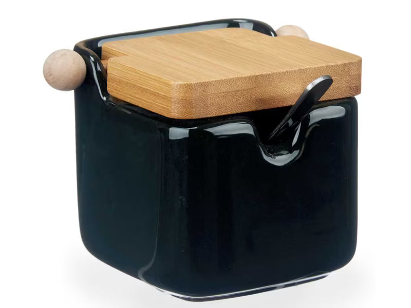 Sukkerskål 7,5x8x10,5 cm Sort Keramisk med Bambuslåg
