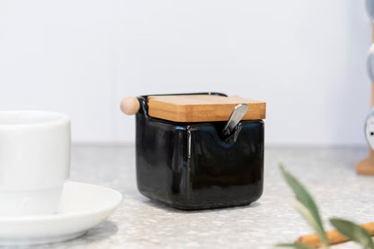 Sukkerskål 7,5x8x10,5 cm Sort Keramisk med Bambuslåg