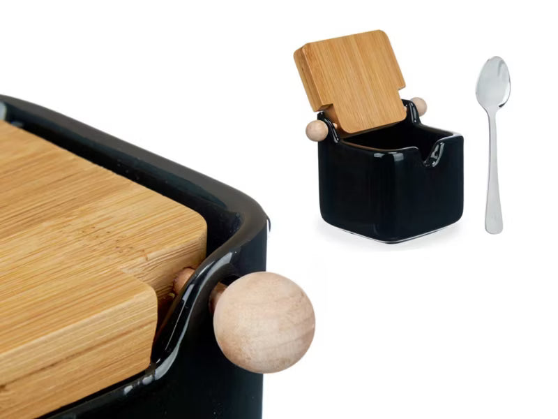 Sukkerskål 7,5x8x10,5 cm Sort Keramisk med Bambuslåg