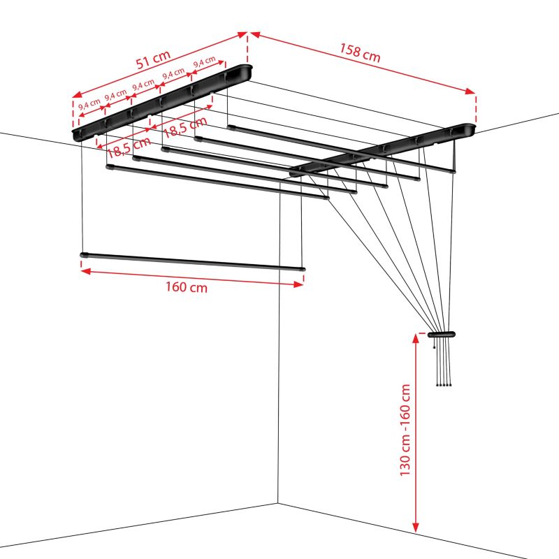 Lofttørrestativ 6 Stænger 160 cm Sort Stål