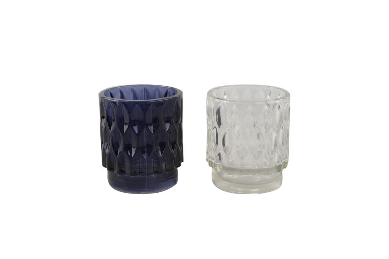 Glaslysestage til tealight i marineblå og hvid