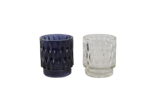 Glaslysestage til tealight i marineblå og hvid
