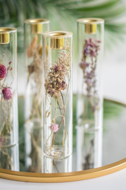 Glaslysestage med tørrede blomster 23 cm