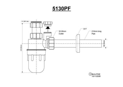 McAlpine flaske-sifon 1 1/4" x 32 mm med luftindtag, 1 stk.