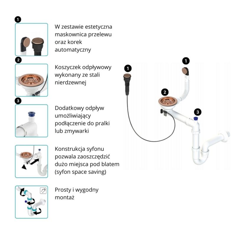 Syfon til vask GranMaster sæt afløb guldbelagt-rosa med automatisk PVC-prop