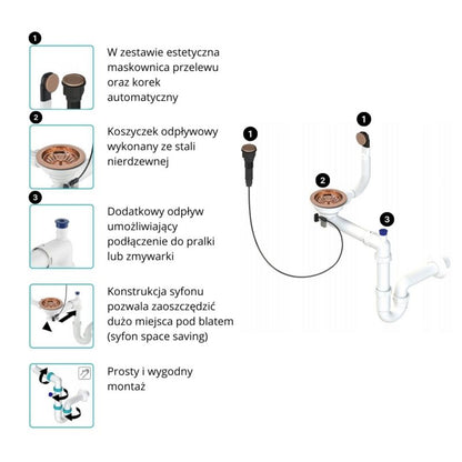 Syfon til vask GranMaster sæt afløb guldbelagt-rosa med automatisk PVC-prop