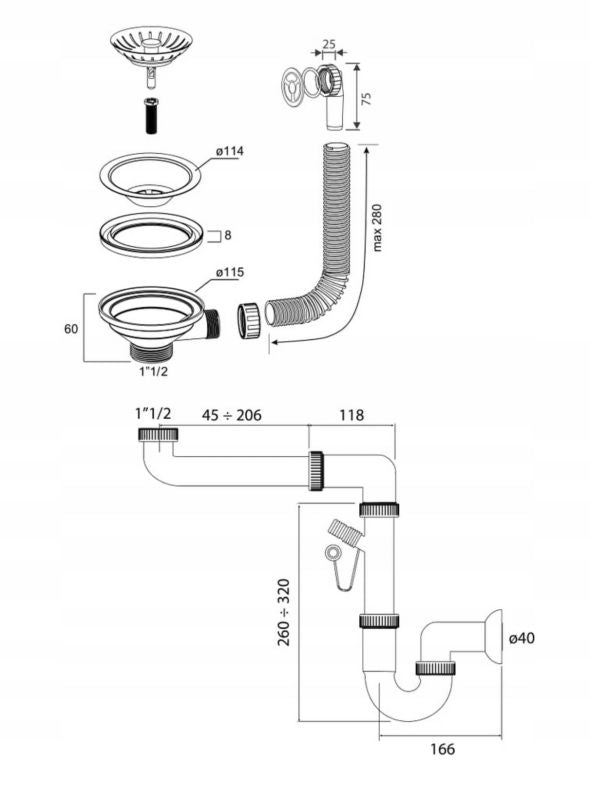 Enkeltkammer-sifon til Granitan vask, komplet sæt