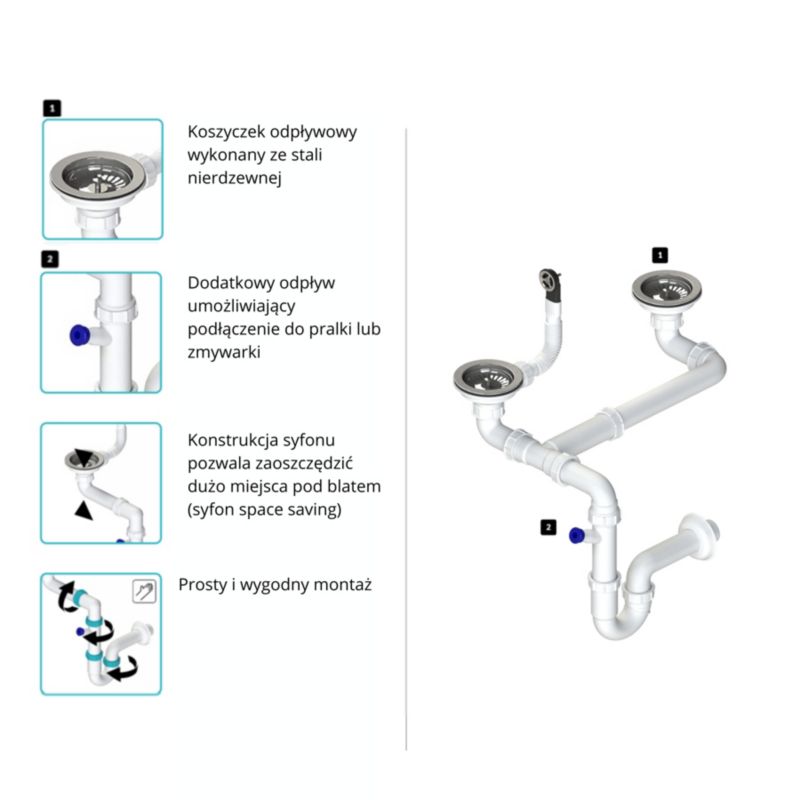 Manuel afløbssifon til dobbelte køkkenvaske GranMaster krom, 1 stk.