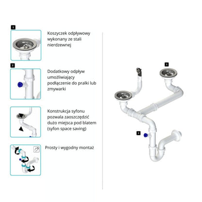 Manuel afløbssifon til dobbelte køkkenvaske GranMaster krom, 1 stk.