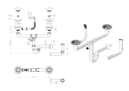 Manuel afløbssifon til dobbelte køkkenvaske GranMaster krom, 1 stk.