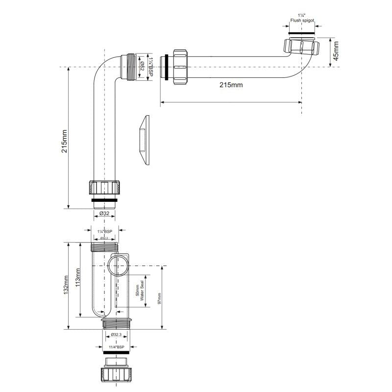 McAlpine rørsyfon 1 1/4" x 32 mm vægmonteret med inspektionslem, 1 stk.
