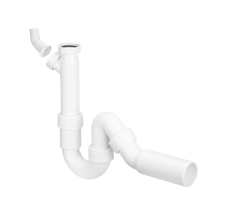 Viega rør-sifon 1 1/4" x 50 mm hvid med opvaskemaskineafløb, 1 stk.