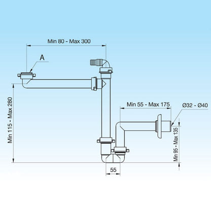 Pladsbesparende universel justerbar vaskesifon 32/40 mm fra Lira, 1 stk.