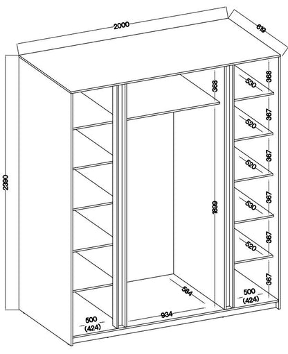 Bonni Dravero 4-dørs garderobeskab i eg og sort med hylder
