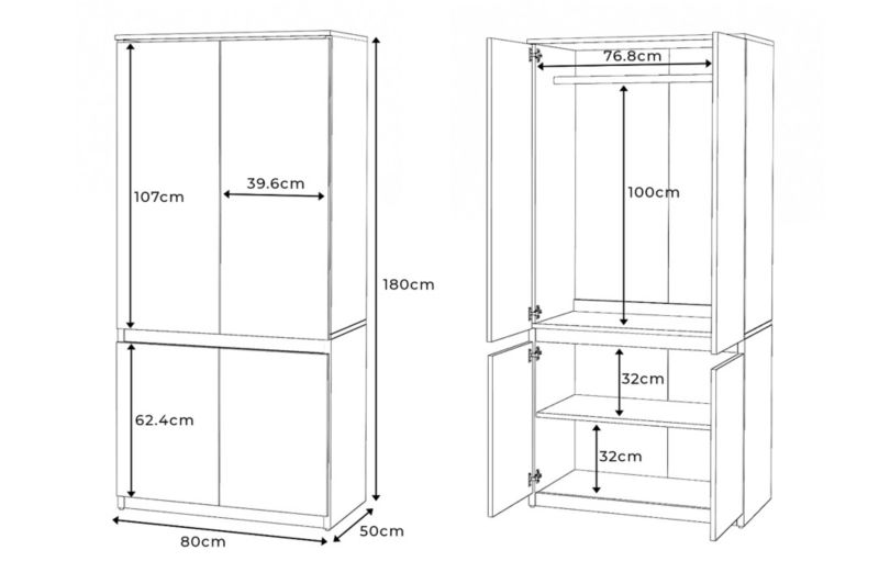Elegant Posti Garderobeskab i Wotan Eg og Hvid Højglans 80cm