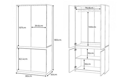 Elegant Posti Garderobeskab i Wotan Eg og Hvid Højglans 80cm