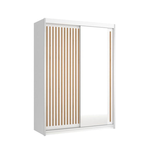 Bettso Lay 150 cm skydedørsgarderobe med wotan-eg lameller og hvid finish, 1 stk.