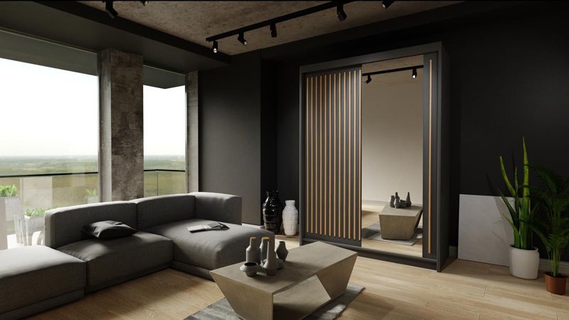 Bettso Lay 150 cm skydeskab med wotan-eg lameller i sort design