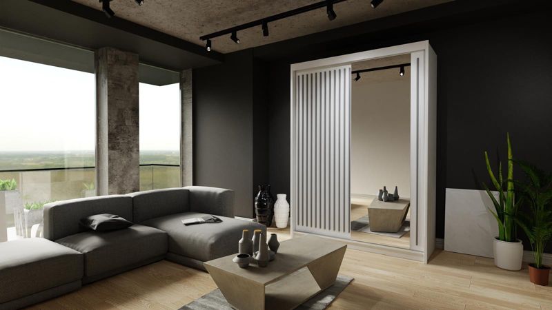 Bettso Lay 150 cm skydelåge garderobe med grå lameller, hvid, 1 stk.