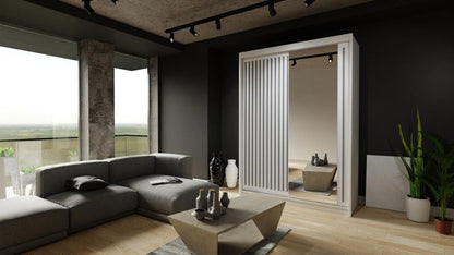 Bettso Lay 150 cm skydelåge garderobe med grå lameller, hvid, 1 stk.