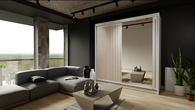 Bettso Lay 203 cm skydeskab med lameller i wotan-eg og hvidt design, 1 stk.