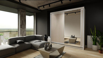Bettso Lay 203 cm skydeskab med lameller i wotan-eg og hvidt design, 1 stk.