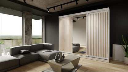 Bettso Lay 250 cm skydeskab med wotan-eg lameller og hvid finish, 1 stk.