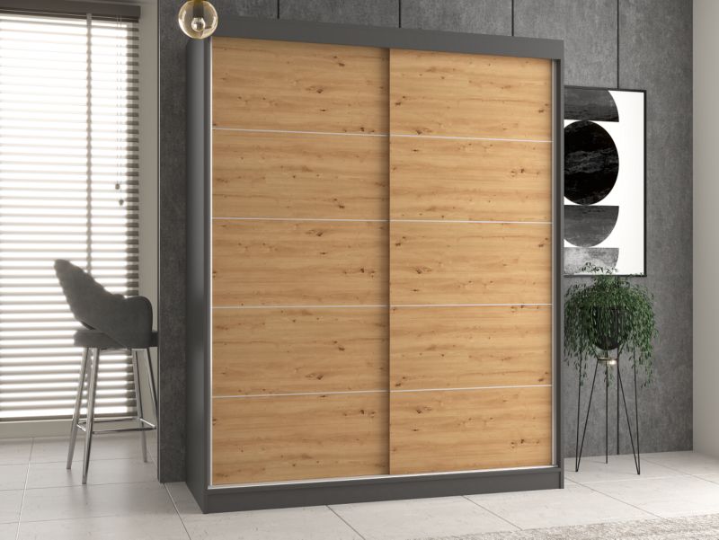 Skydedørsskab Topeshop IGA 160 cm med Sprosser i Antracit og Artisan Eg 61x160x200 cm, 1 stk.