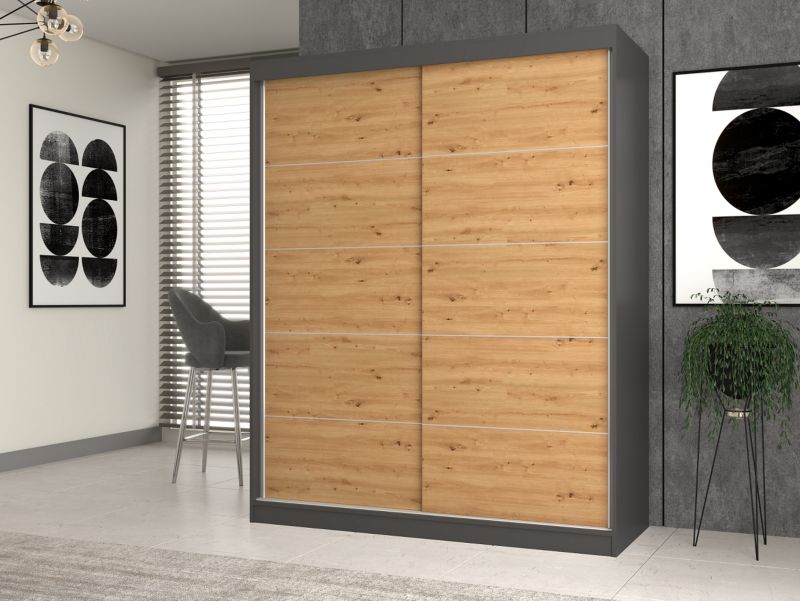 Skydedørsskab Topeshop IGA 160 cm med Sprosser i Antracit og Artisan Eg 61x160x200 cm, 1 stk.
