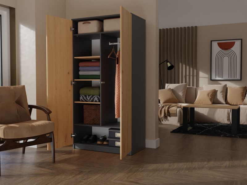 Topeshop garderobeskab med døre og hylder SD-90 i antracit og artisan-eg 50x90x180 cm, 1 stk.