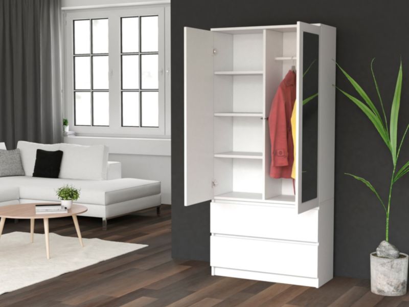 Topeshop SS-90 garderobeskab med spejl, hvid, 50 x 90 x 180 cm, 1 stk.