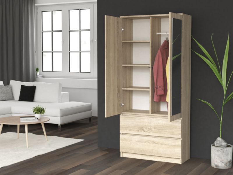 Topeshop SS-90 garderobeskab med spejl i Sonoma eg 50x90x180 cm, 1 stk.