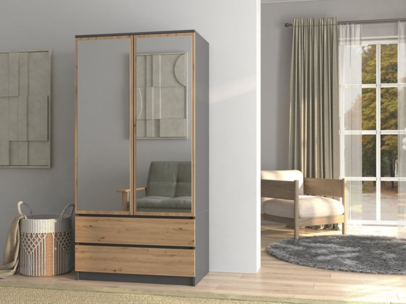 Topeshop SS-90 garderobeskab med spejl i antracit og Artisan eg 50x90x180 cm, 1 stk.