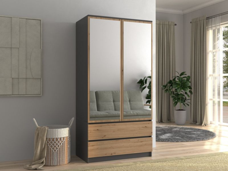 Topeshop SS-90 garderobeskab med spejl i antracit og Artisan eg 50x90x180 cm, 1 stk.
