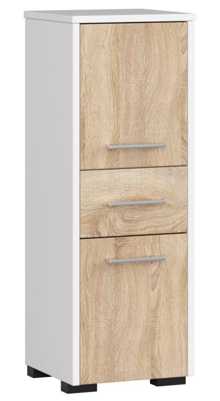Akord Fin hvidt badeværelsesskab 30 cm 2 døre 1 skuffe i mat sonoma eg med 3 hylder 30x30x85 cm 1 stk.