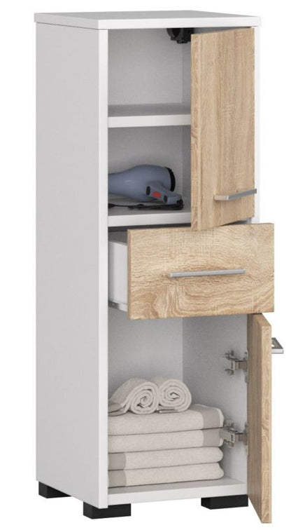 Akord Fin hvidt badeværelsesskab 30 cm 2 døre 1 skuffe i mat sonoma eg med 3 hylder 30x30x85 cm 1 stk.