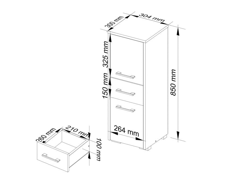 Akord Fin hvidt badeværelsesskab 30 cm 2 døre 1 skuffe i mat sonoma eg med 3 hylder 30x30x85 cm 1 stk.