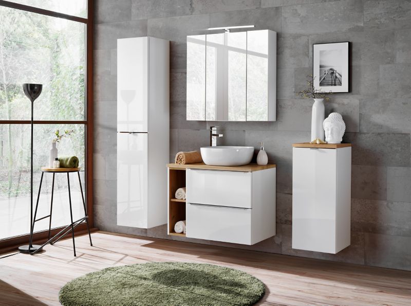 Badeværelsesskab 35x80 cm Hvid Højglans med Vasketøjskurv Capri