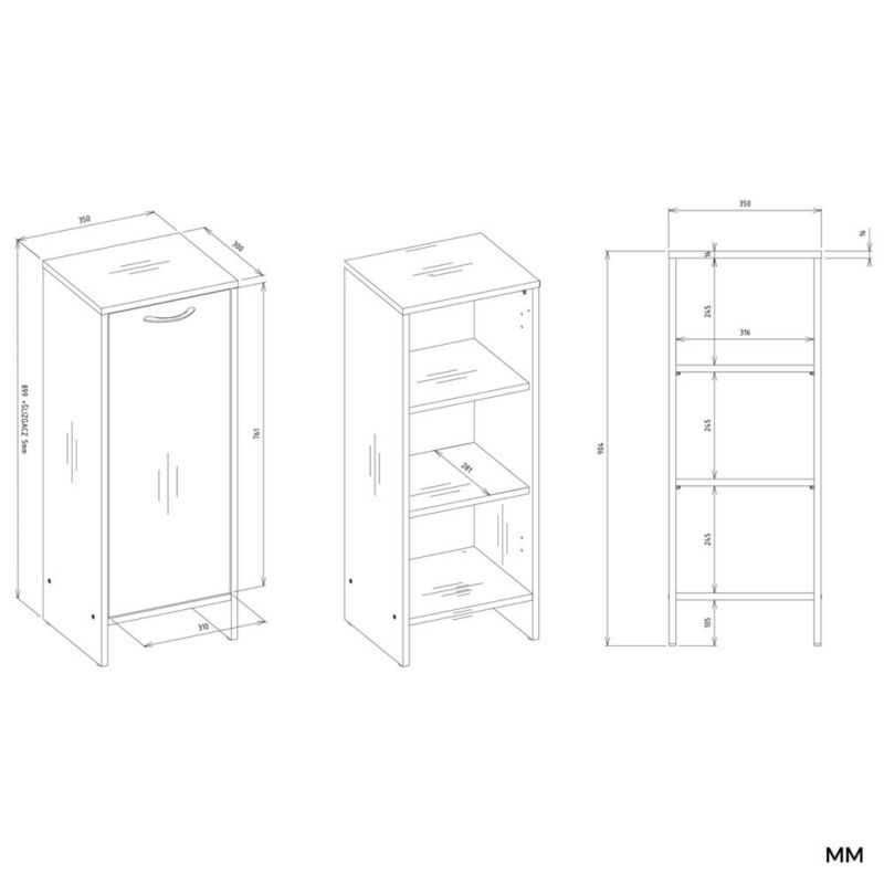 Badeværelsesskab Topeshop Nina 1D 35x90x30 cm Hvid 1 dør 3 hylder