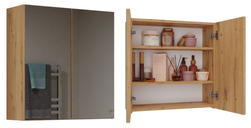 Topeshop væghængt badeværelsesskab med spejl Pola 2DL i Artisan eg 22 x 60 x 60 cm, 1 stk.