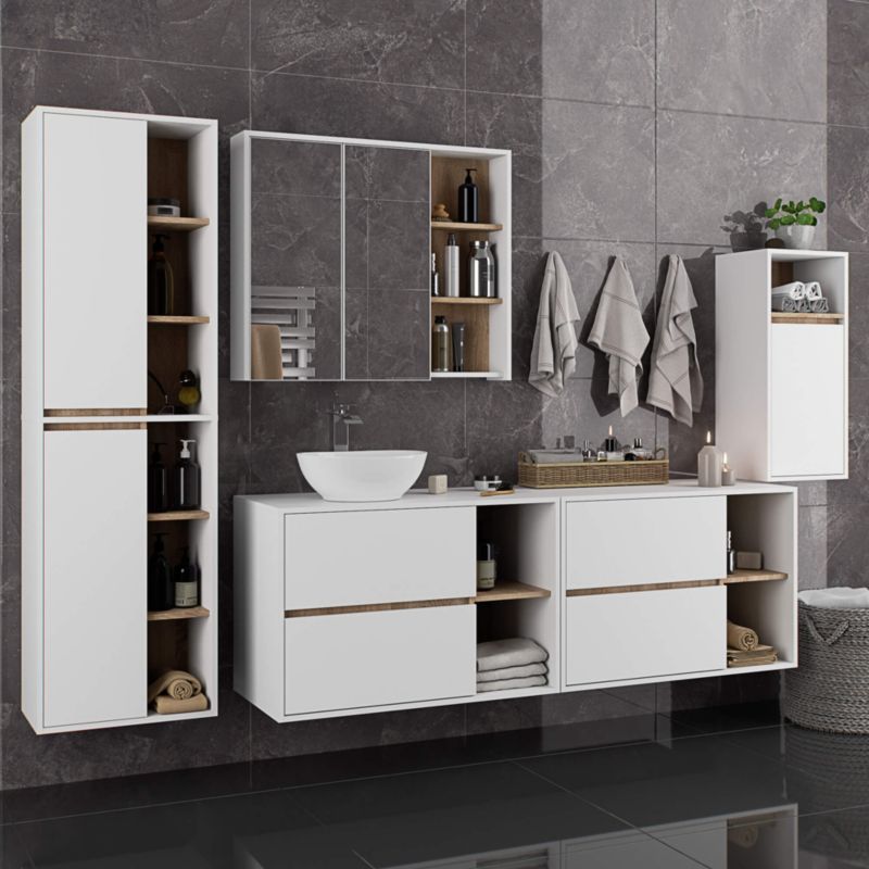 Badeværelsesskab med spejl VAMI 90x75x15 cm Hvid/Sonoma Eg | VAMI W90