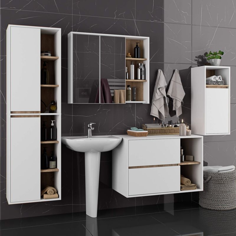Badeværelsesskab med spejl VAMI 90x75x15 cm Hvid/Sonoma Eg | VAMI W90