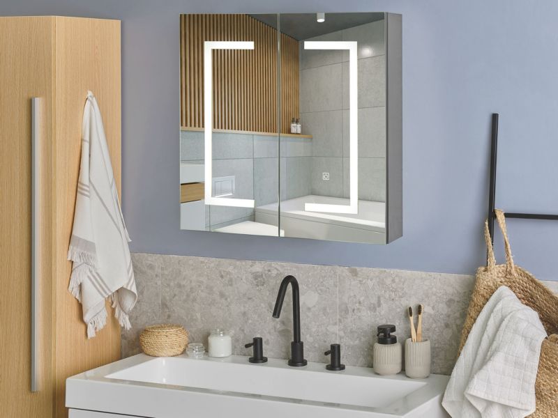 Badeværelsesskab med LED-spejl 60x60x12 cm Sort | MAZARREDO