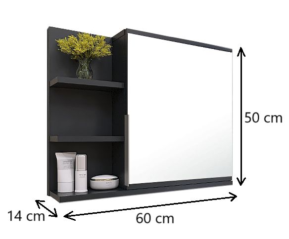 Badeskab med Spejl og LED 60x50x14 cm Sort Højrehængt