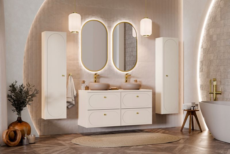 Badeværelsessæt Hængeskab og Højskab 120 cm + 35 cm Sandbeige