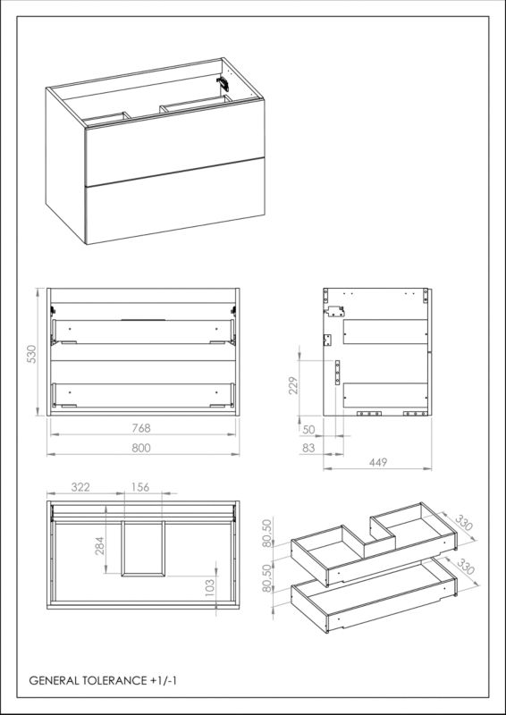 Væghængt Undervaskeskab 80 cm Fume Mat 2 Skuffer